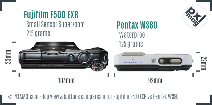 Fujifilm F500 EXR vs Pentax WS80 top view buttons comparison