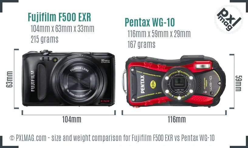 Fujifilm F500 EXR vs Pentax WG-10 size comparison