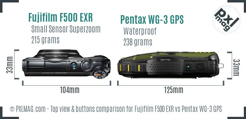 Fujifilm F500 EXR vs Pentax WG-3 GPS top view buttons comparison