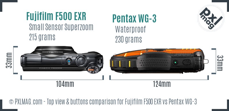 Fujifilm F500 EXR vs Pentax WG-3 top view buttons comparison