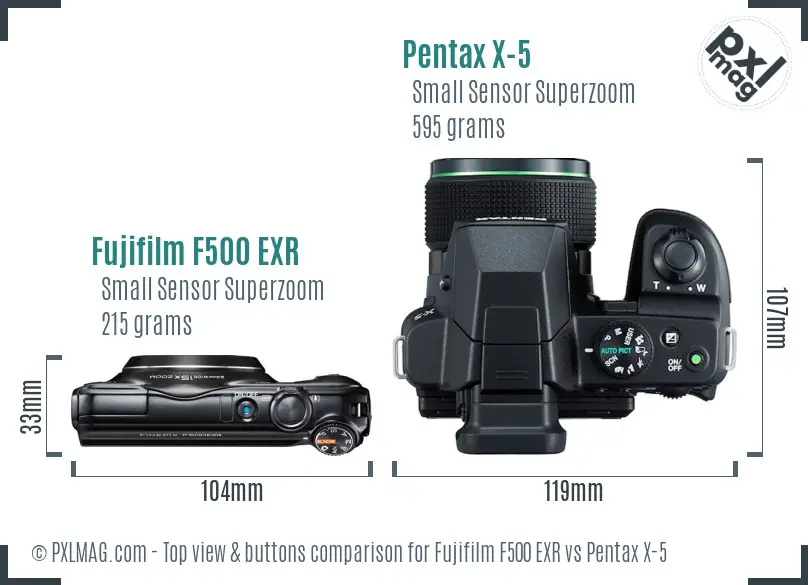 Fujifilm F500 EXR vs Pentax X-5 top view buttons comparison