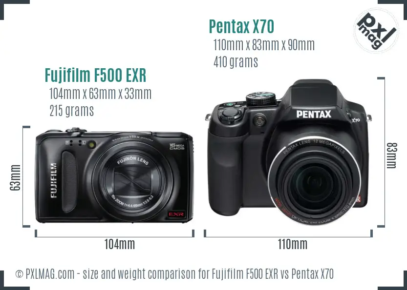 Fujifilm F500 EXR vs Pentax X70 size comparison