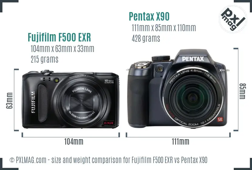 Fujifilm F500 EXR vs Pentax X90 size comparison