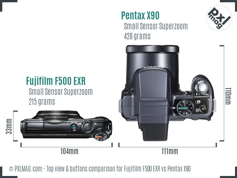 Fujifilm F500 EXR vs Pentax X90 top view buttons comparison