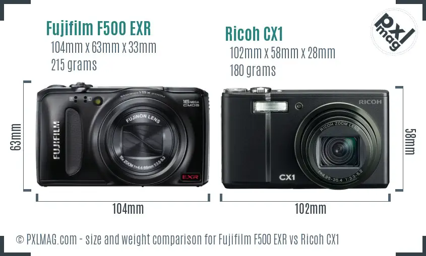 Fujifilm F500 EXR vs Ricoh CX1 size comparison
