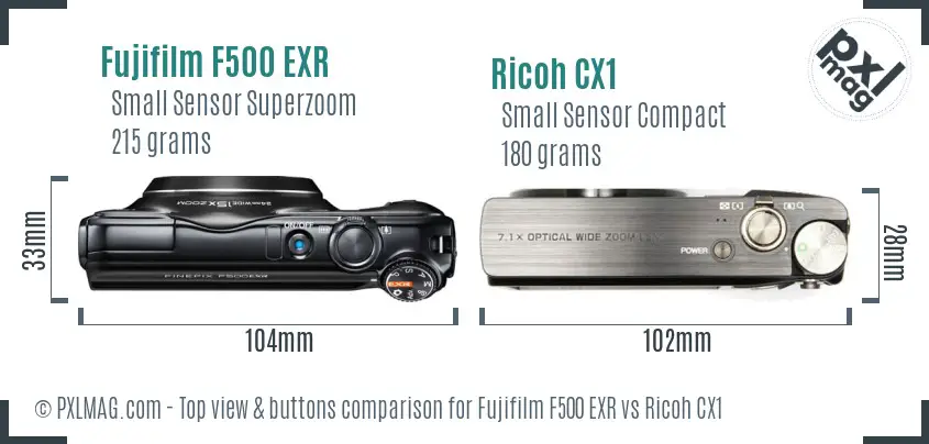 Fujifilm F500 EXR vs Ricoh CX1 top view buttons comparison