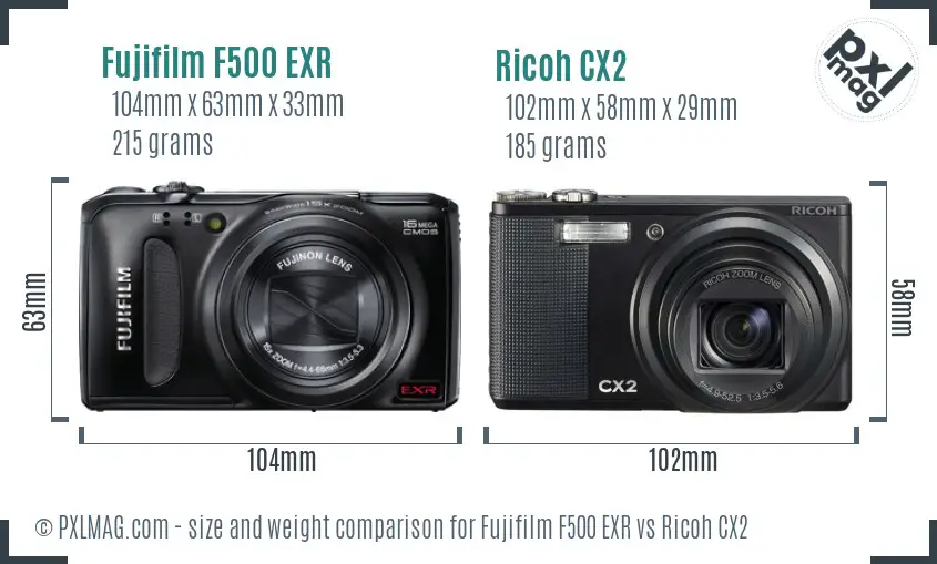 Fujifilm F500 EXR vs Ricoh CX2 size comparison Fujifilm F500 EXR vs Ricoh CX2 size comparison