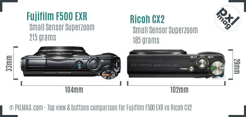 Fujifilm F500 EXR vs Ricoh CX2 top view buttons comparison Fujifilm F500 EXR vs Ricoh CX2 top view buttons comparison