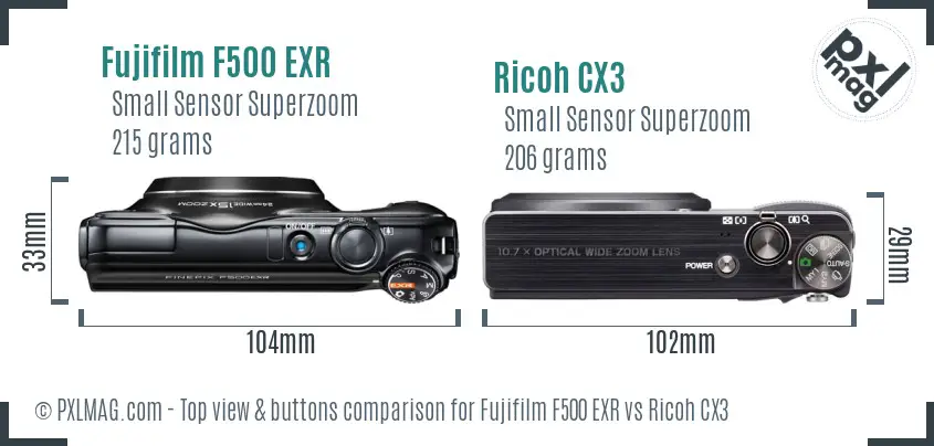 Fujifilm F500 EXR vs Ricoh CX3 top view buttons comparison