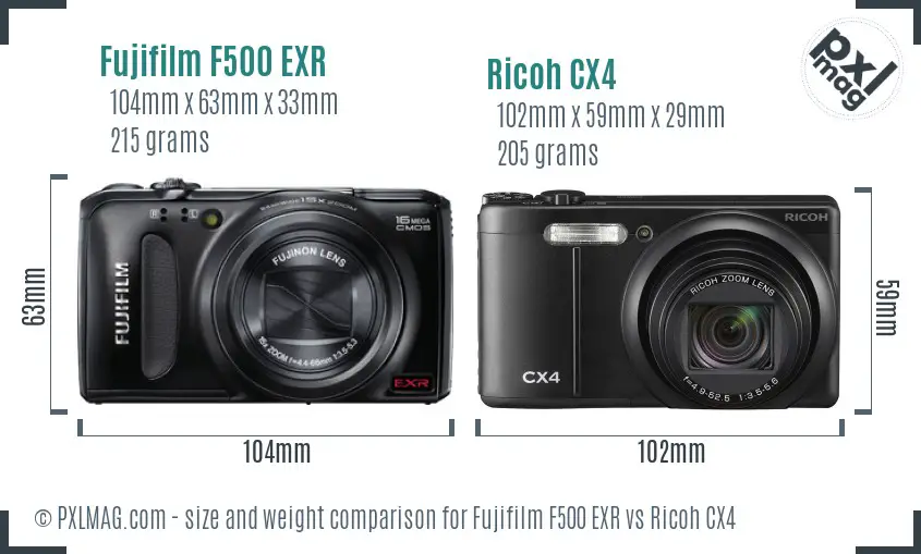 Fujifilm F500 EXR vs Ricoh CX4 size comparison