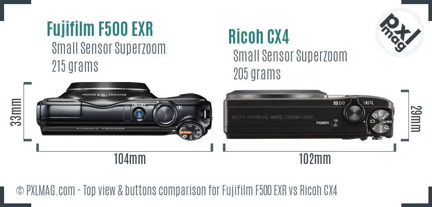 Fujifilm F500 EXR vs Ricoh CX4 top view buttons comparison