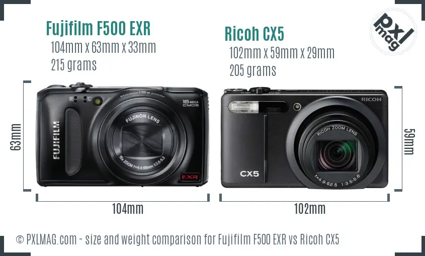 Fujifilm F500 EXR vs Ricoh CX5 size comparison