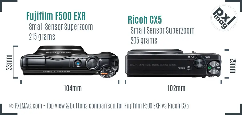 Fujifilm F500 EXR vs Ricoh CX5 top view buttons comparison