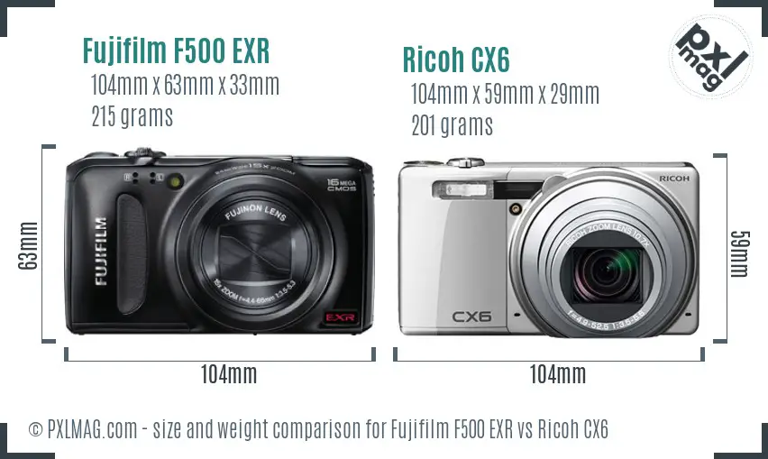 Fujifilm F500 EXR vs Ricoh CX6 size comparison