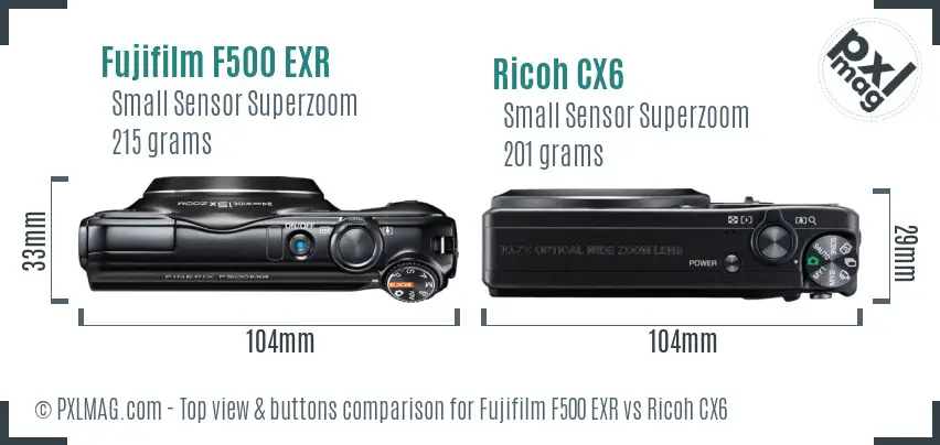 Fujifilm F500 EXR vs Ricoh CX6 top view buttons comparison