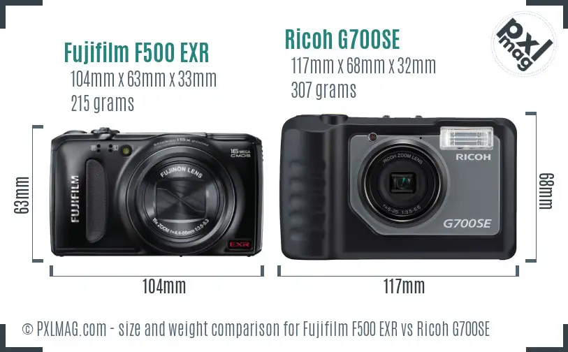 Fujifilm F500 EXR vs Ricoh G700SE size comparison