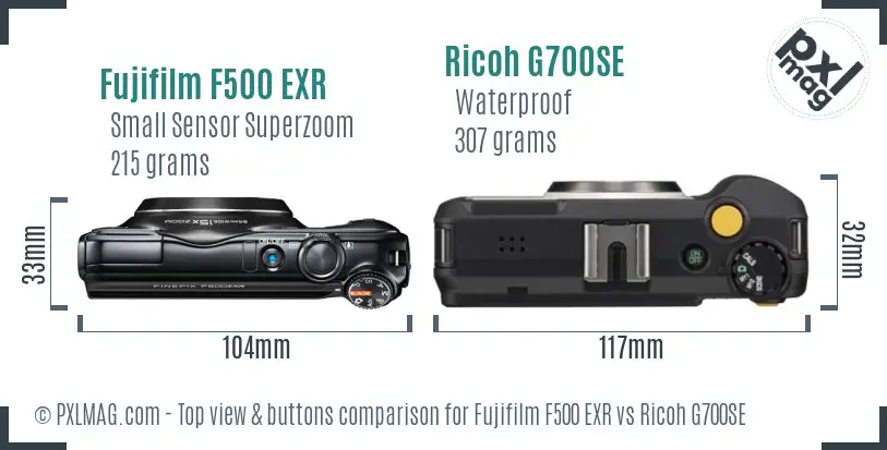 Fujifilm F500 EXR vs Ricoh G700SE top view buttons comparison