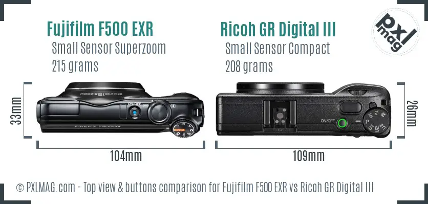 Fujifilm F500 EXR vs Ricoh GR Digital III top view buttons comparison Fujifilm F500 EXR vs Ricoh GR Digital III top view buttons comparison