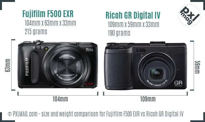 Fujifilm F500 EXR vs Ricoh GR Digital IV size comparison