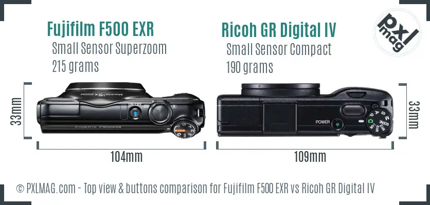 Fujifilm F500 EXR vs Ricoh GR Digital IV top view buttons comparison
