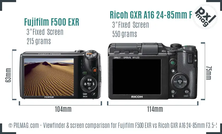 Fujifilm F500 EXR vs Ricoh GXR A16 24-85mm F3.5-5.5 Screen and Viewfinder comparison