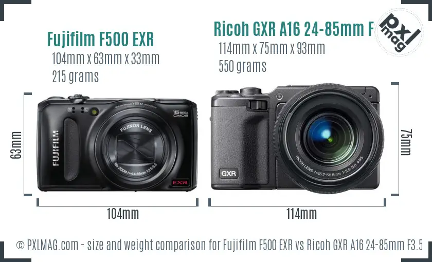 Fujifilm F500 EXR vs Ricoh GXR A16 24-85mm F3.5-5.5 size comparison