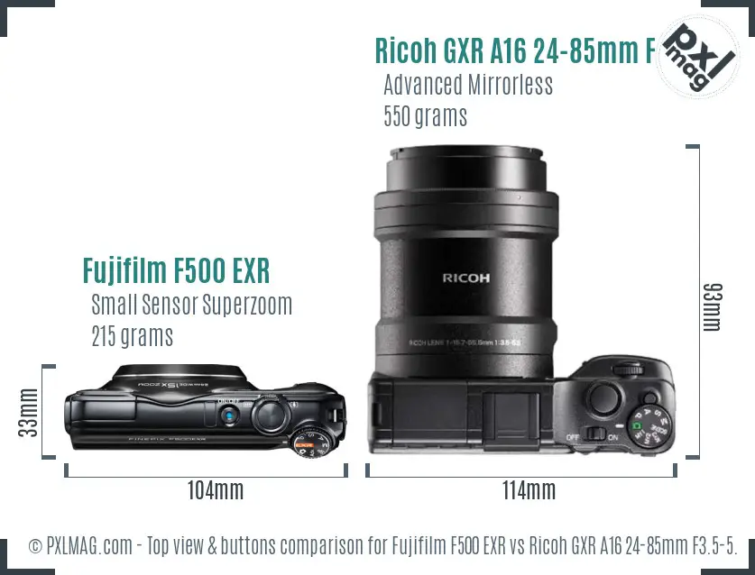 Fujifilm F500 EXR vs Ricoh GXR A16 24-85mm F3.5-5.5 top view buttons comparison