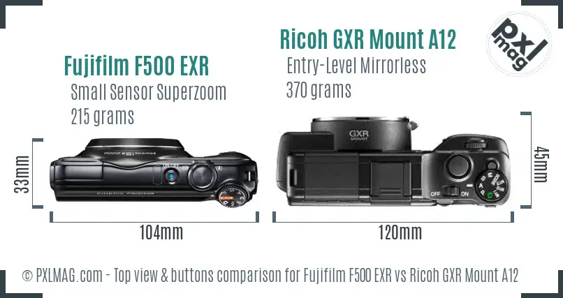 Fujifilm F500 EXR vs Ricoh GXR Mount A12 top view buttons comparison