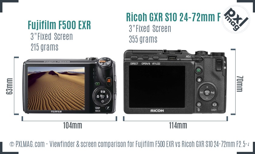Fujifilm F500 EXR vs Ricoh GXR S10 24-72mm F2.5-4.4 VC Screen and Viewfinder comparison