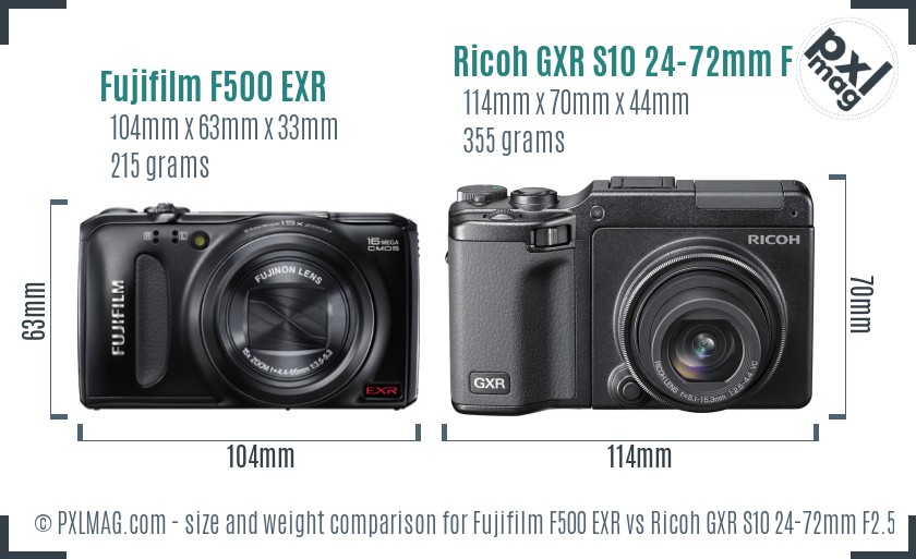 Fujifilm F500 EXR vs Ricoh GXR S10 24-72mm F2.5-4.4 VC size comparison