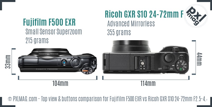 Fujifilm F500 EXR vs Ricoh GXR S10 24-72mm F2.5-4.4 VC top view buttons comparison