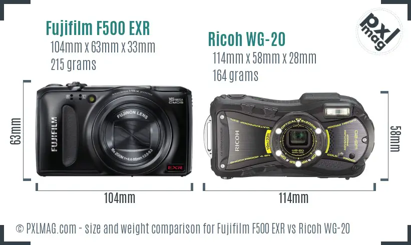 Fujifilm F500 EXR vs Ricoh WG-20 size comparison