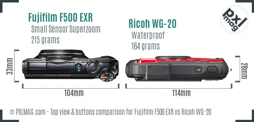 Fujifilm F500 EXR vs Ricoh WG-20 top view buttons comparison