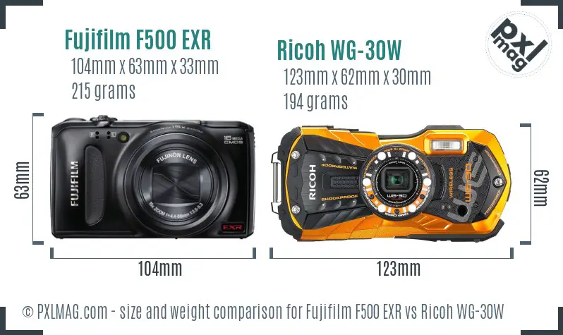 Fujifilm F500 EXR vs Ricoh WG-30W size comparison