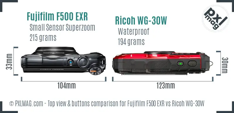 Fujifilm F500 EXR vs Ricoh WG-30W top view buttons comparison