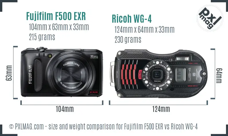 Fujifilm F500 EXR vs Ricoh WG-4 size comparison