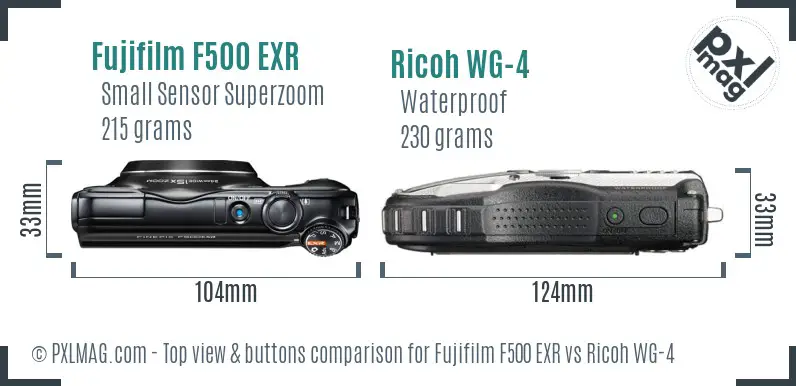 Fujifilm F500 EXR vs Ricoh WG-4 top view buttons comparison