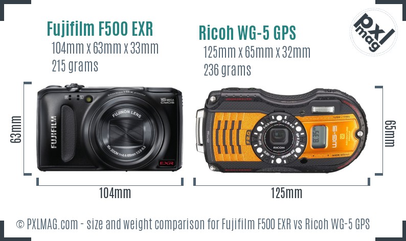 Fujifilm F500 EXR vs Ricoh WG-5 GPS size comparison