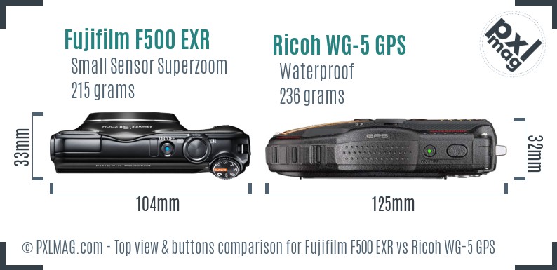 Fujifilm F500 EXR vs Ricoh WG-5 GPS top view buttons comparison