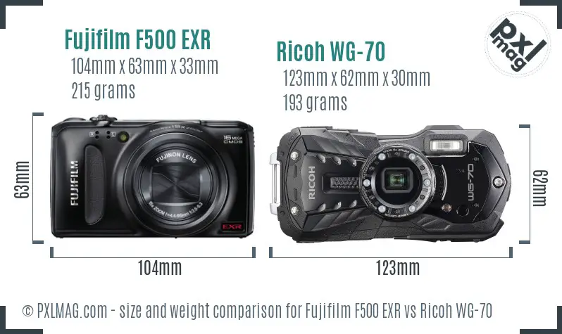 Fujifilm F500 EXR vs Ricoh WG-70 size comparison