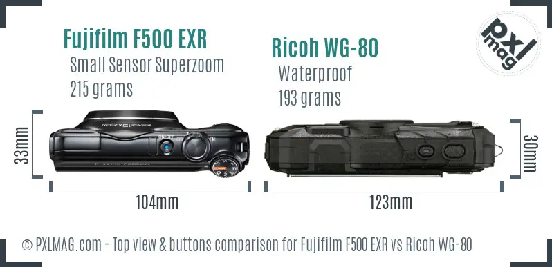 Fujifilm F500 EXR vs Ricoh WG-80 top view buttons comparison