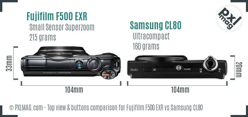 Fujifilm F500 EXR vs Samsung CL80 top view buttons comparison