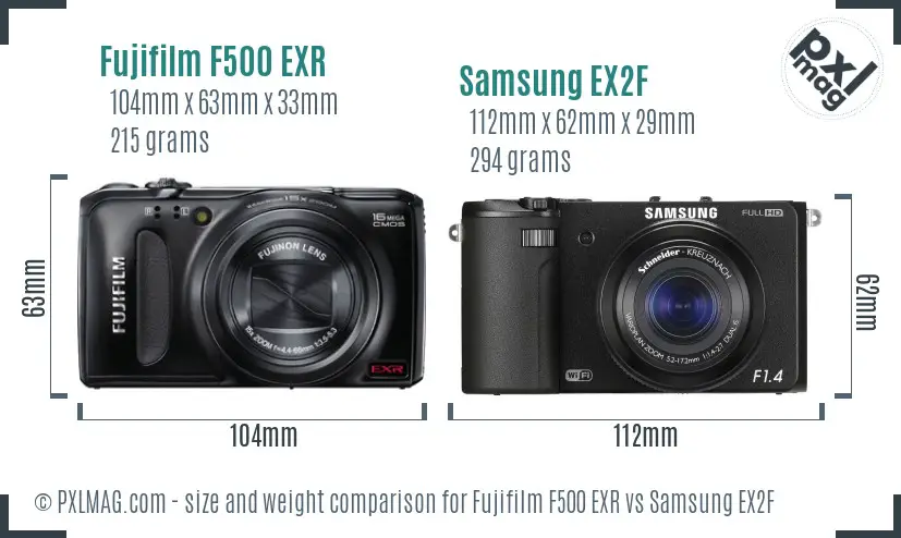 Fujifilm F500 EXR vs Samsung EX2F size comparison