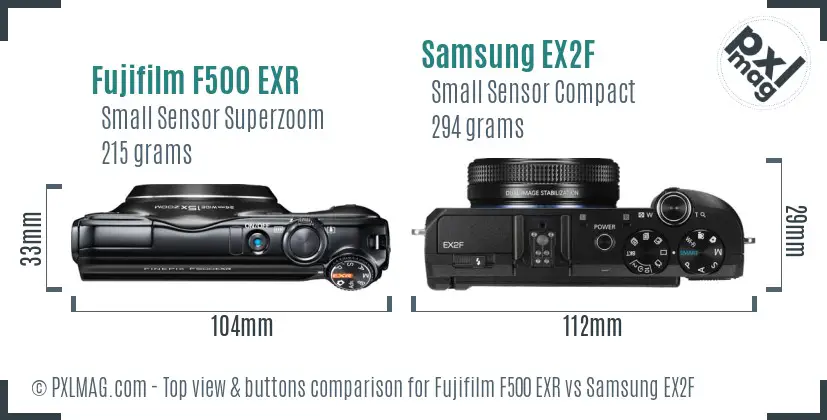Fujifilm F500 EXR vs Samsung EX2F top view buttons comparison