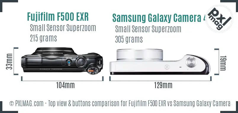 Fujifilm F500 EXR vs Samsung Galaxy Camera 4G top view buttons comparison