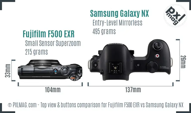 Fujifilm F500 EXR vs Samsung Galaxy NX top view buttons comparison