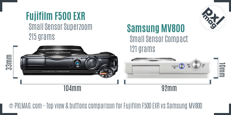 Fujifilm F500 EXR vs Samsung MV800 top view buttons comparison