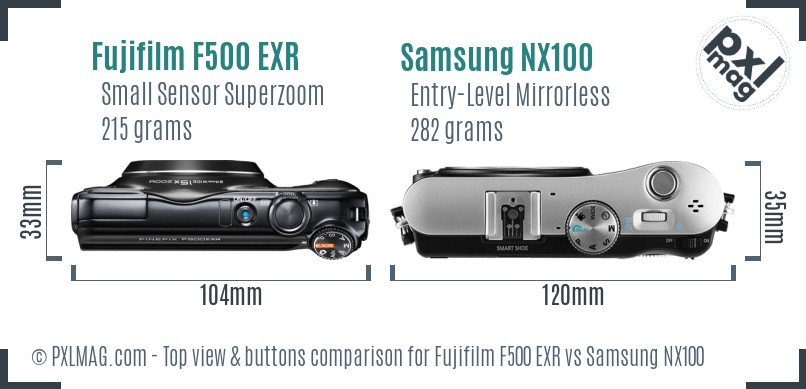 Fujifilm F500 EXR vs Samsung NX100 top view buttons comparison