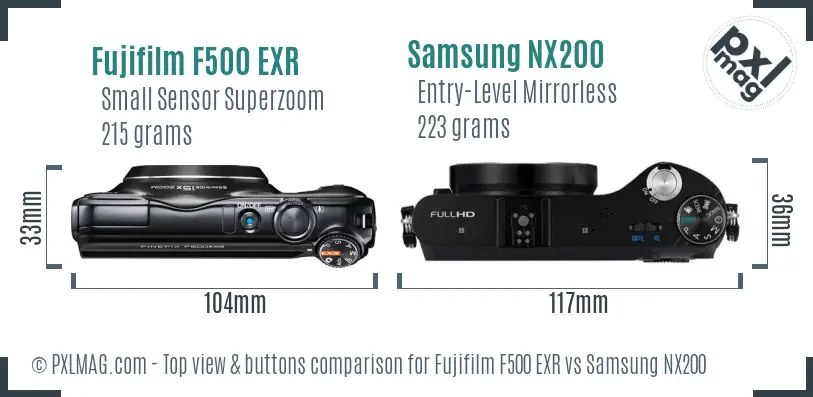 Fujifilm F500 EXR vs Samsung NX200 top view buttons comparison