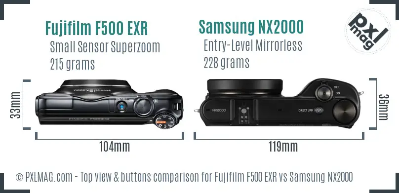 Fujifilm F500 EXR vs Samsung NX2000 top view buttons comparison